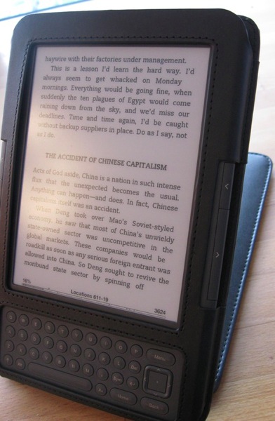 The kindle's screen, with some glare when shining a table lamp directly on it